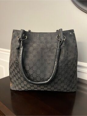 Black Gucci GG Canvas Braided Leather Handles Large Shoulder Bag